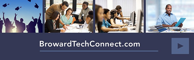Graduates of Broward Technical Colleges toss caps; alumni collaborating and working on computers.