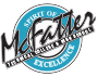 A circular teal, white, and black logo features the text 