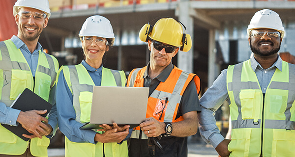 Four construction workers stand onsite with protective gear, a notebook and a laptop.